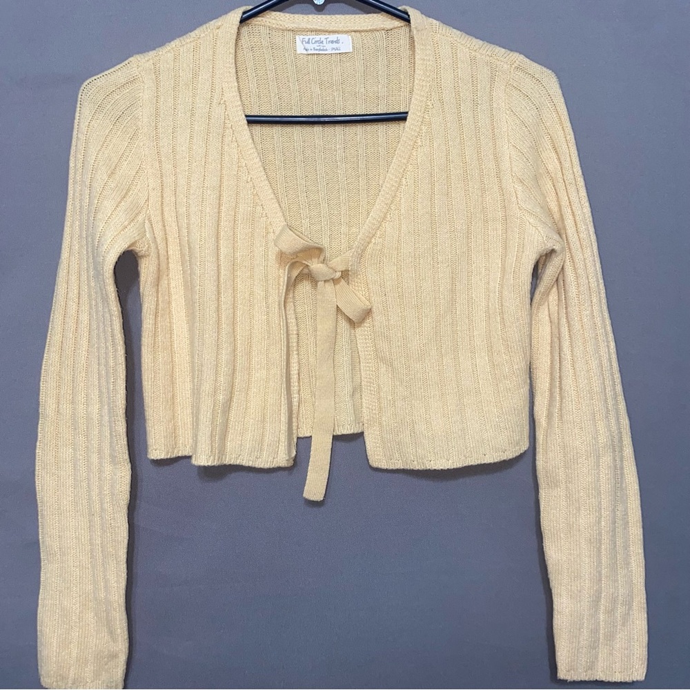 Full Circle Trends Cream Ribbed Knit Cardigan Front Tie
